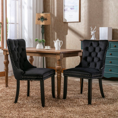 Set of 2 Modern Velvet Dining Chairs, Button Tufted with Solid Wood Legs and Knocker Ring for Dining or Living Room (Black)