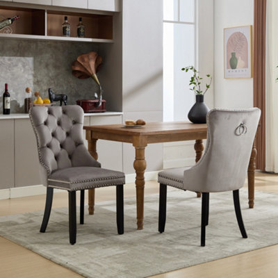 Set of 2 Modern Velvet Dining Chairs, Button Tufted with Solid Wood Legs and Knocker Ring for Dining or Living Room (Grey)