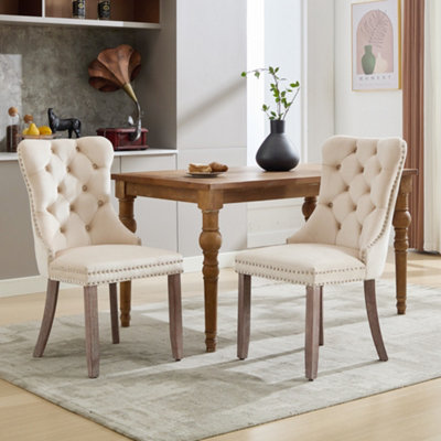 Set of 2 Modern Velvet Dining Chairs, Button Tufted with Wood Legs and ...