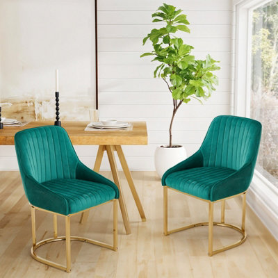 Set of 2 Modern Velvet Green Dining Chairs with Metal Legs