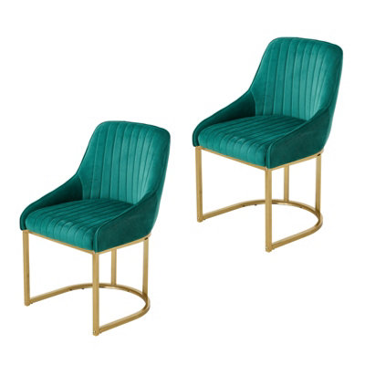 Set of 2 Modern Velvet Green Dining Chairs with Metal Legs