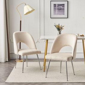 Set of 2 Modern Velvet Kitchen Dining Chairs with Loop Backrest Metal Legs Beige