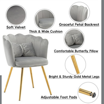 Set of 2 Modern Velvet Upholstered Accent Chair with Butterfly Pillow for Bedroom, Dining Room, Vanity, Cafe, Grey