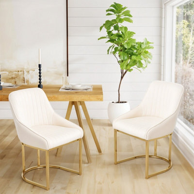 Set of 2 Modern Velvet White Dining Chairs with Metal Legs