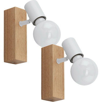 Set of 2 Modern Wall Spot Lights with Brown Wood Backplate and White Shade