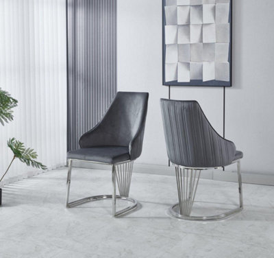 Set of 2 Modernique Black Velvet Upholstered Dining Chairs with Chrome Metal Legs