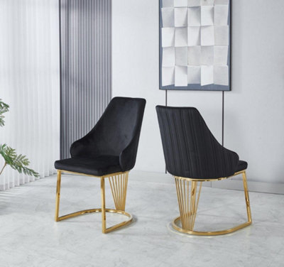 Set of 2 Modernique Black Velvet Upholstered Dining Chairs with Golden Metal Legs
