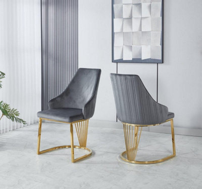 Set of 2 Modernique Grey Velvet Upholstered Dining Chairs with Golden Metal Legs