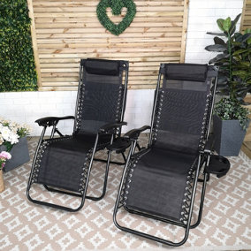 Set of 2 Multi Position Garden Gravity Relaxer Chair Sun Lounger with Sun Canopy in Black