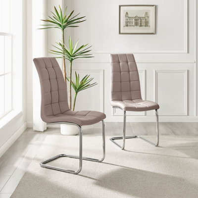 Set of 2 Murano Cappuccino Beige Deep Padded High Back Soft Touch Faux Leather Chrome Cantilever Leg Dining Chairs