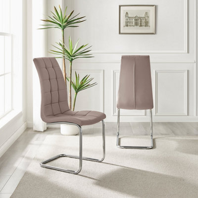 Set of 2 Murano Cappuccino Beige Deep Padded High Back Soft Touch Faux Leather Chrome Cantilever Leg Dining Chairs