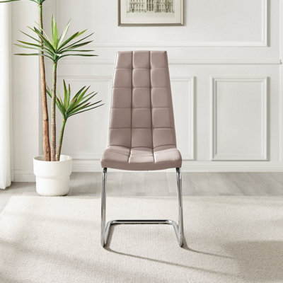 Set of 2 Murano Cappuccino Beige Deep Padded High Back Soft Touch Faux Leather Chrome Cantilever Leg Dining Chairs