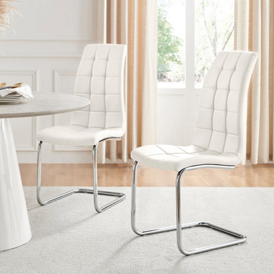 Set of 2 Murano White Deep Padded High Back Soft Touch Faux Leather Chrome Cantilever Leg Dining Chairs