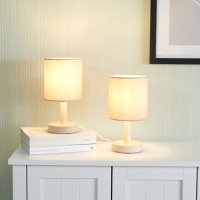 Set of 2 - Nelly Natural Wood Base Bedside Table Lamps with Natural Fabric Shade - LED Bulbs Included