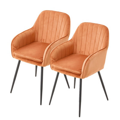 Set of 2 Orange Velvet Dining Chairs with Armrests and Black Iron Legs