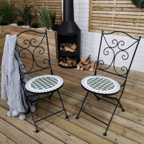 Set of 2 Outdoor Black Metal Bistro Chairs with Green Mosaic Seat for Garden Patio Balcony