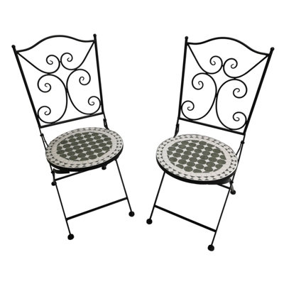 Set of 2 Outdoor Black Metal Bistro Chairs with Green Mosaic Seat for Garden Patio Balcony
