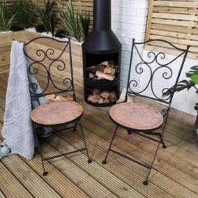 Set of 2 Outdoor Black Metal Bistro Chairs with Orange and Grey Mosaic Seat for Garden Patio Balcony