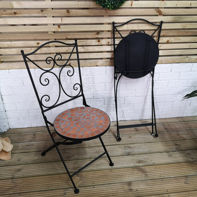 Set of 2 Outdoor Black Metal Bistro Chairs with Orange and Grey Mosaic Seat for Garden Patio Balcony