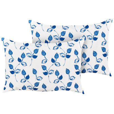 Set of 2 Outdoor Cushions TORBORA Plant Pattern 40 x 60 cm White Blue