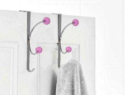 Set of 2 Over Door Hook Towel Clothes Hanger With 2 Pink Crystal