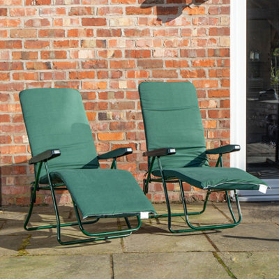 Set of 2 Padded Outdoor Garden Patio Recliner Sun Lounger in Plain Green