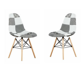 Set of 2 Patchwork Fabric Dining Chairs Upholstered Dining Room Chair, Black/White