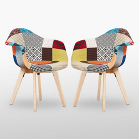 Set of 2 Patchwork Tub Fabric Dining Chairs Upholstered Dining ArmChair Multicolour
