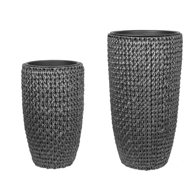 Set of 2 PE Rattan Plant Pots Black CEDRUS