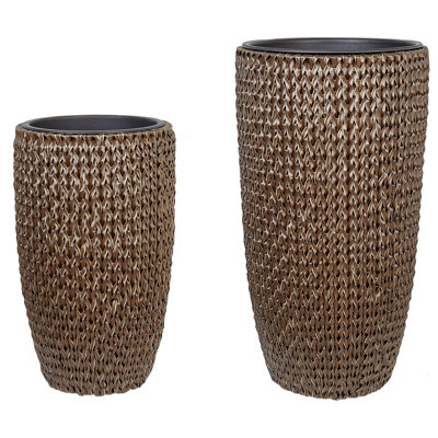 Set of 2 PE Rattan Plant Pots Brown CEDRUS