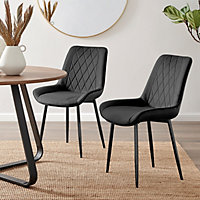 Set of 2 Pesaro Luxury Black Soft Touch Diamond Stitched Velvet Black Powder Coated Metal Leg Dining Chairs