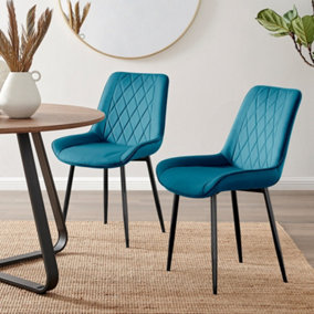 Set of 2 Pesaro Luxury Blue Soft Touch Diamond Stitched Velvet Black Powder Coated Metal Leg Dining Chairs