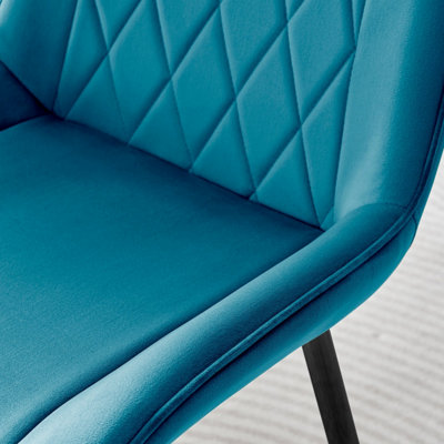 Set of 2 Pesaro Luxury Blue Soft Touch Diamond Stitched Velvet Black Powder Coated Metal Leg Dining Chairs