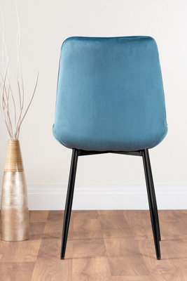 Set of 2 Pesaro Luxury Blue Soft Touch Diamond Stitched Velvet Black Powder Coated Metal Leg Dining Chairs