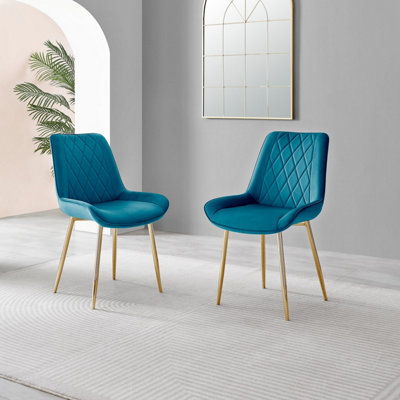 Set of 2 Pesaro Luxury Blue Soft Touch Diamond Stitched Velvet Gold Chromed Metal Leg Dining Chairs