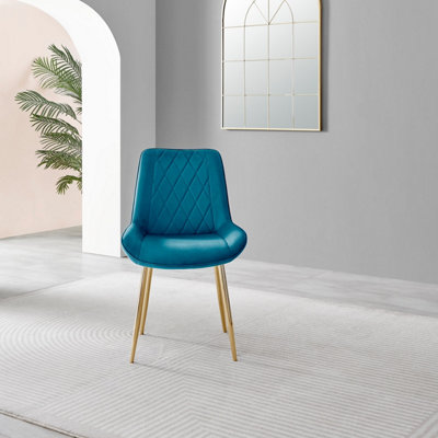 Set of 2 Pesaro Luxury Blue Soft Touch Diamond Stitched Velvet Gold Chromed Metal Leg Dining Chairs