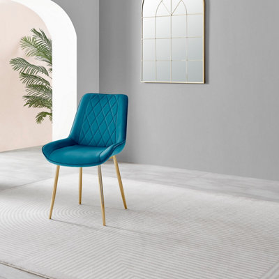 Set of 2 Pesaro Luxury Blue Soft Touch Diamond Stitched Velvet Gold Chromed Metal Leg Dining Chairs
