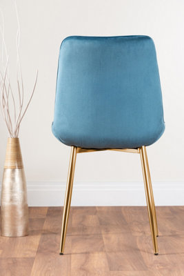 Set of 2 Pesaro Luxury Blue Soft Touch Diamond Stitched Velvet Gold Chromed Metal Leg Dining Chairs