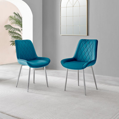 Set of 2 Pesaro Luxury Blue Soft Touch Diamond Stitched Velvet Silver Chromed Metal Leg Dining Chairs