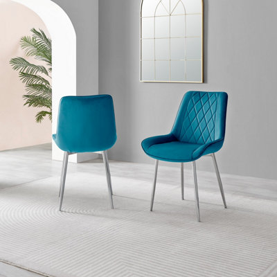 Set of 2 Pesaro Luxury Blue Soft Touch Diamond Stitched Velvet Silver Chromed Metal Leg Dining Chairs