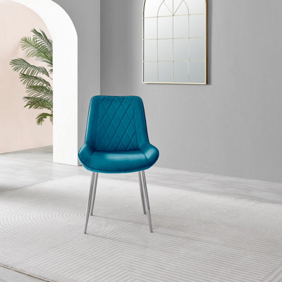 Set of 2 Pesaro Luxury Blue Soft Touch Diamond Stitched Velvet Silver Chromed Metal Leg Dining Chairs