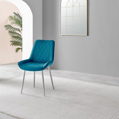 Set of 2 Pesaro Luxury Blue Soft Touch Diamond Stitched Velvet Silver Chromed Metal Leg Dining Chairs
