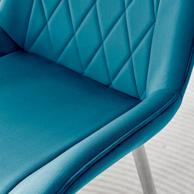 Set of 2 Pesaro Luxury Blue Soft Touch Diamond Stitched Velvet Silver Chromed Metal Leg Dining Chairs