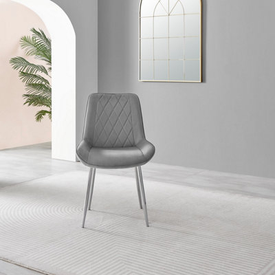 Set of 2 Pesaro Luxury Elephant Grey Soft Touch Diamond Stitched Velvet Silver Chromed Metal Leg Dining Chairs