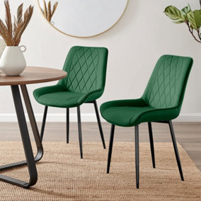 Set of 2 Pesaro Luxury Green Soft Touch Diamond Stitched Velvet Black Powder Coated Metal Leg Dining Chairs