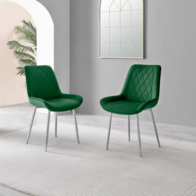 Set of 2 Pesaro Luxury Green Soft Touch Diamond Stitched Velvet Silver Chromed Metal Leg Dining Chairs