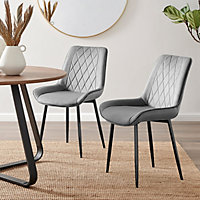 Set of 2 Pesaro Luxury Grey Soft Touch Diamond Stitched Velvet Black Powder Coated Metal Leg Dining Chairs