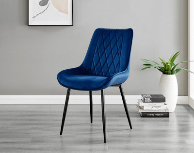 Set of 2 Pesaro Luxury Navy Soft Touch Diamond Stitched Velvet Black Powder Coated Metal Leg Dining Chairs
