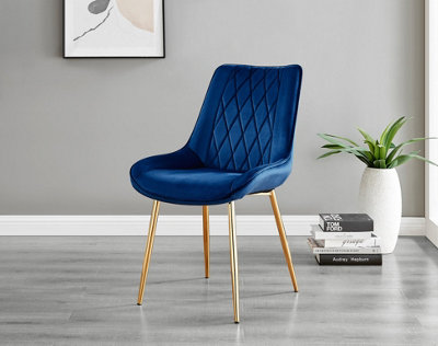 Set of 2 Pesaro Luxury Navy Soft Touch Diamond Stitched Velvet Gold Chromed Metal Leg Dining Chairs