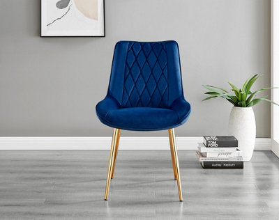 Set of 2 Pesaro Luxury Navy Soft Touch Diamond Stitched Velvet Gold Chromed Metal Leg Dining Chairs